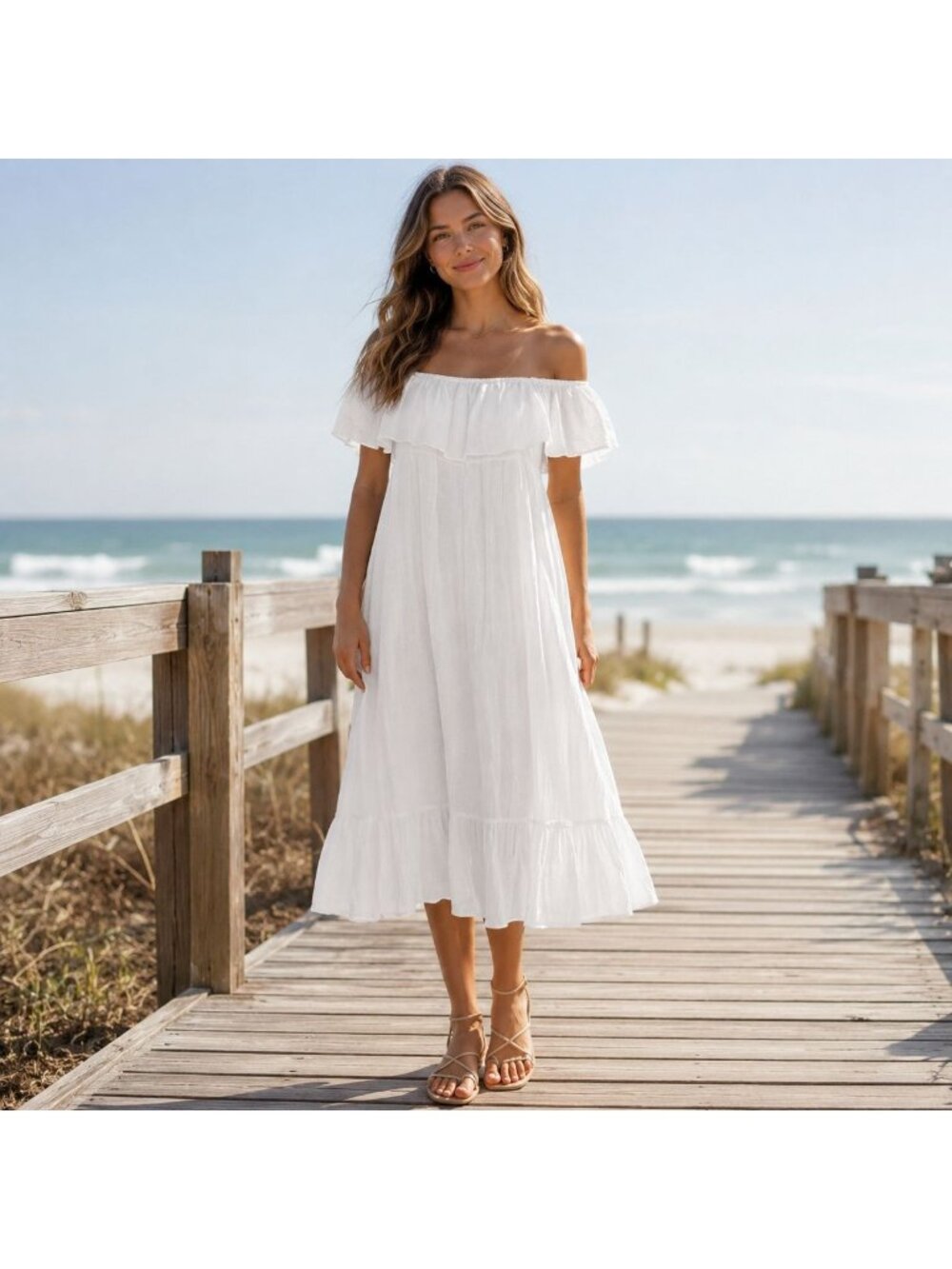 Sapphire Ruffle Off Shoulder Midi Dress Womens Size Small White Boho Coastal